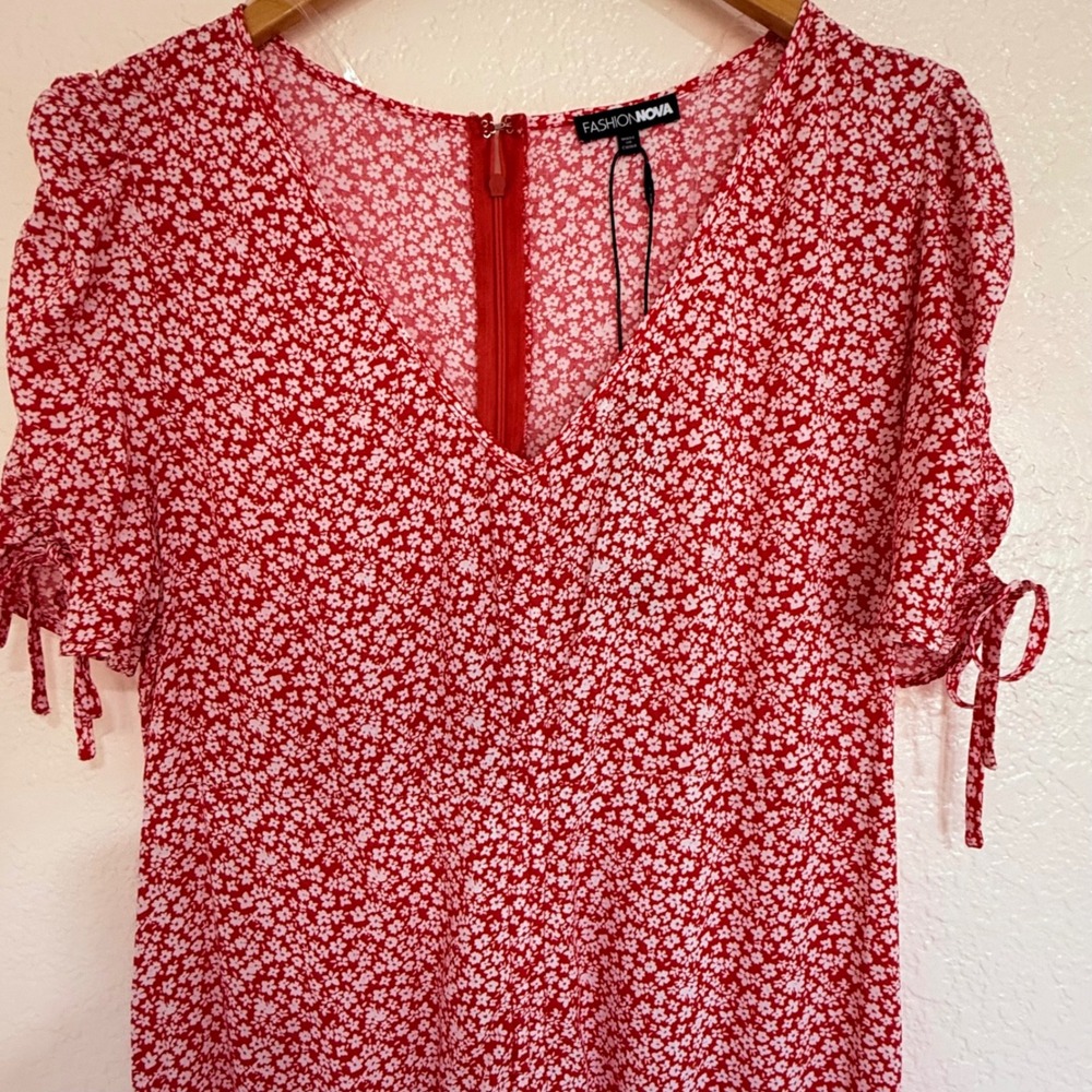 Fashion Nova Clarissa Floral Midi Dress Womens L Red White Ruched Mermaid Summer - Picture 4 of 13